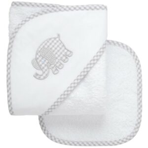 Gray Elephant Applique Hooded Towel & Washcloth Set